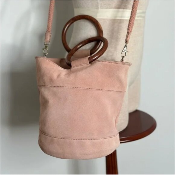 Lucky Brand Rose Colored Suede Leather Crossbody Bucket Bag with Wooden Handles - Picture 4 of 11